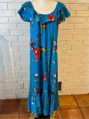 Vintage Hilo Hattie Hawaiian Ruffle Maxi Dress Womens L